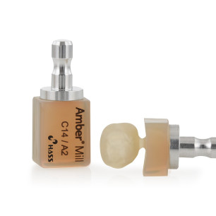 Bloc disilicate de lithium Amber Mill HASS C14 et couronne usinée en CFAO